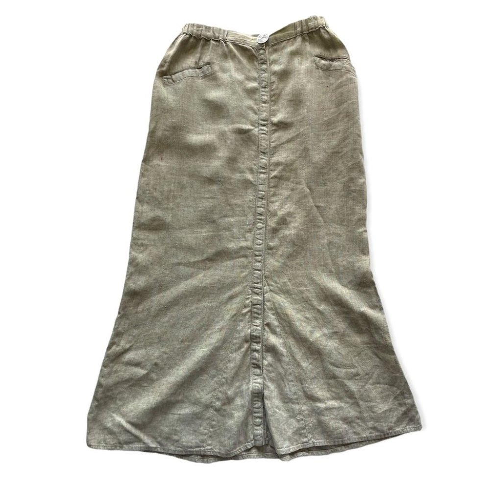 Flax Subtle Rainbow Stitch Full Button Front Maxi Linen Skirt